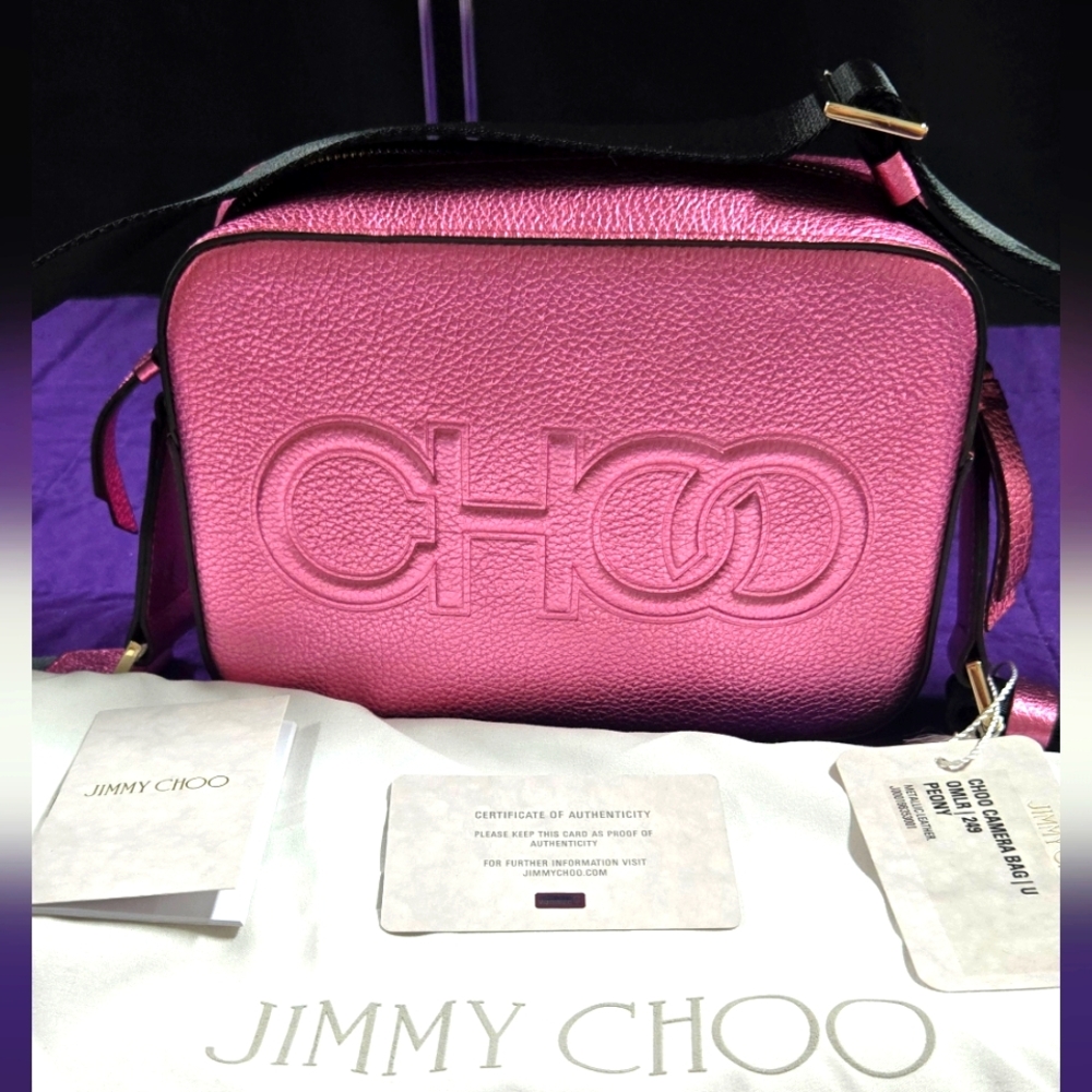 NWT Jimmy Choo Vibrant Metallic Pink Camera/ Crossbody Bag